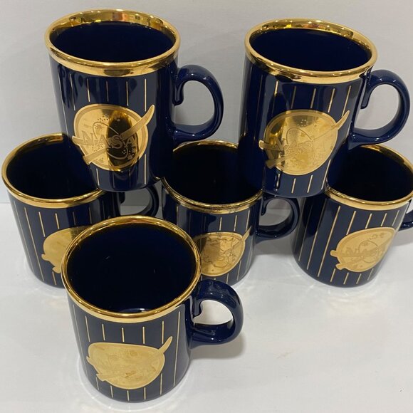 Set Of 6 Navy & Gold NASA Logo Ceramic Mugs With Vertical Stripes Made In Englan - Picture 1 of 8